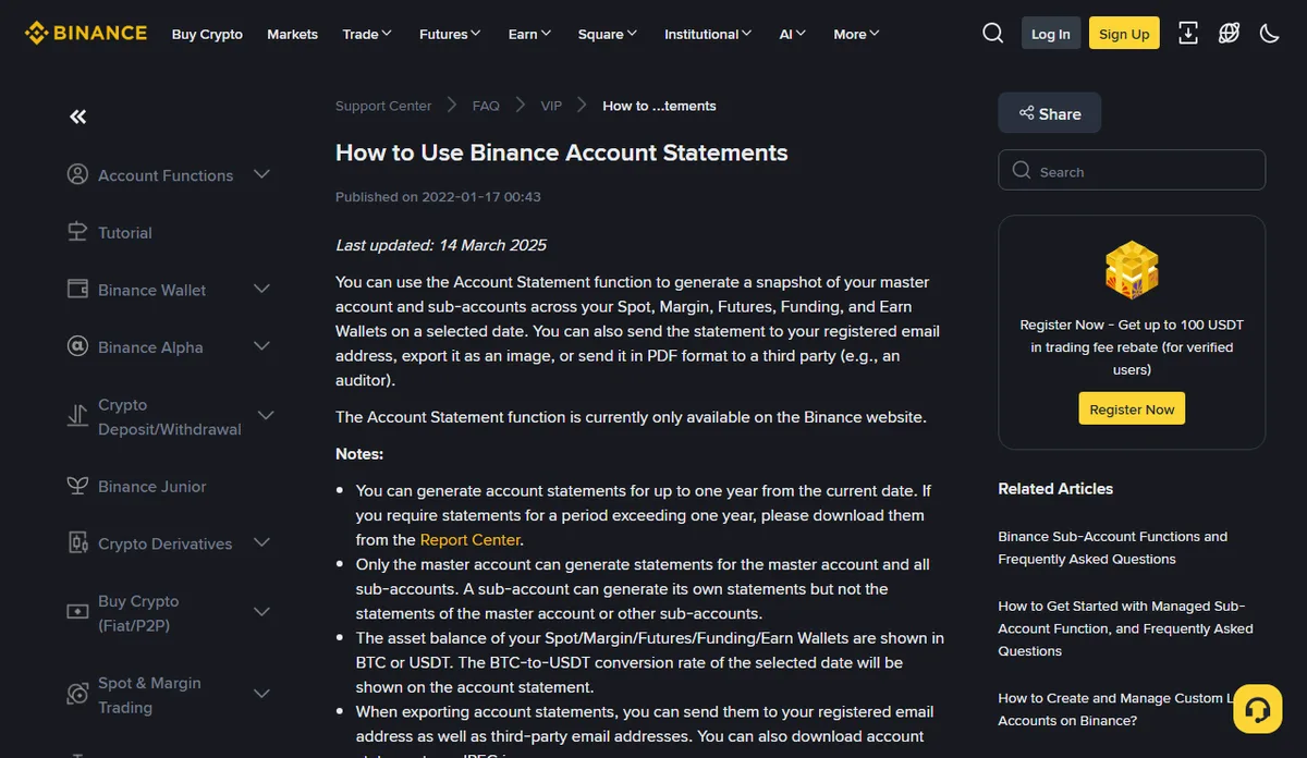 Faqja e ndihmës së Binance How to Use Binance Account Statements në anglisht, ku shpjegohet se funksioni krijon pamjen e portofoleve për një datë të zgjedhur dhe renditen shënime si kufiri prej një viti
